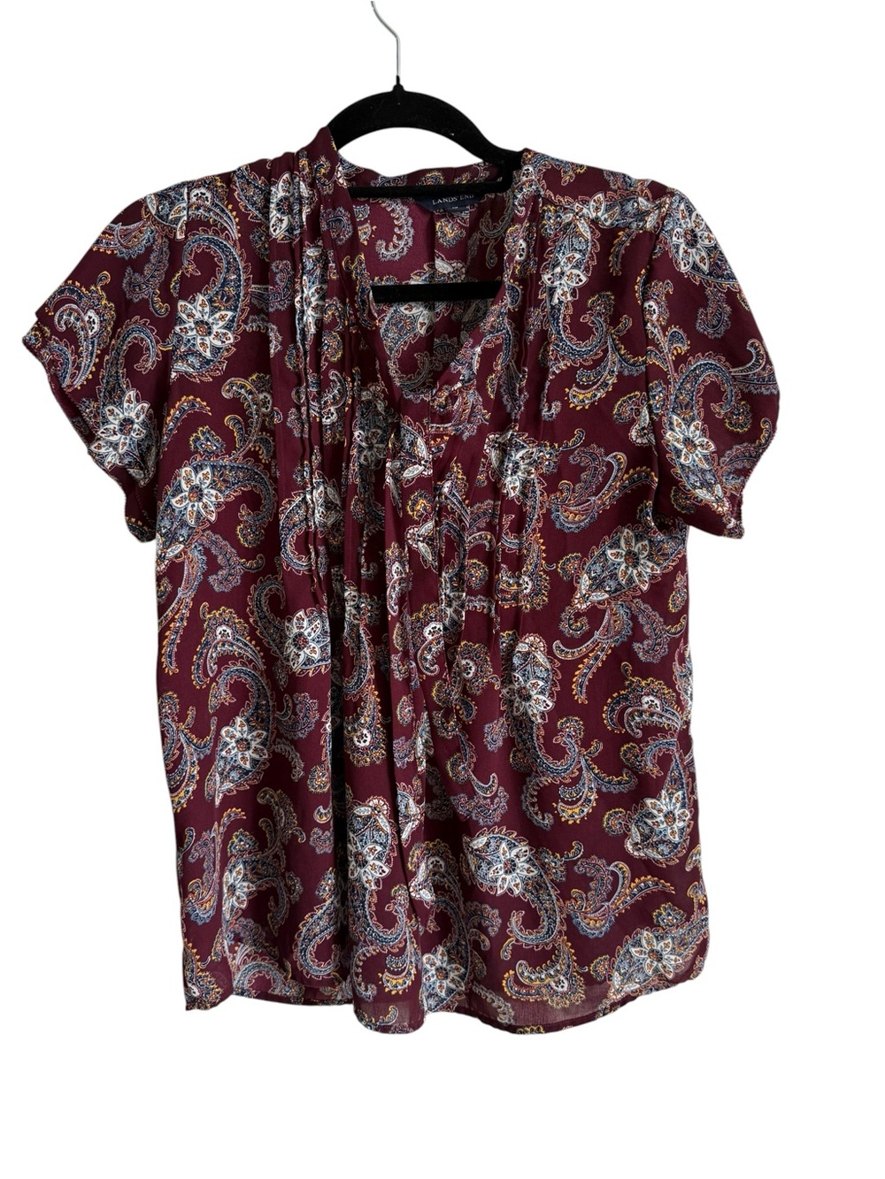 Lands' End Burgundy Paisley Pleat-Front Short Sleeve Blouse
